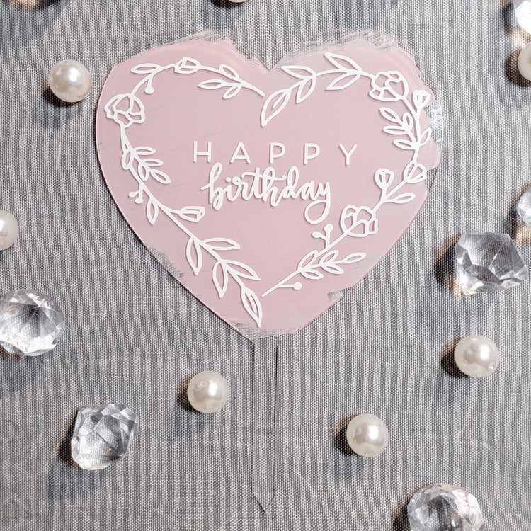 Cake Topper - Floral Heart Wreath Happy Birthday