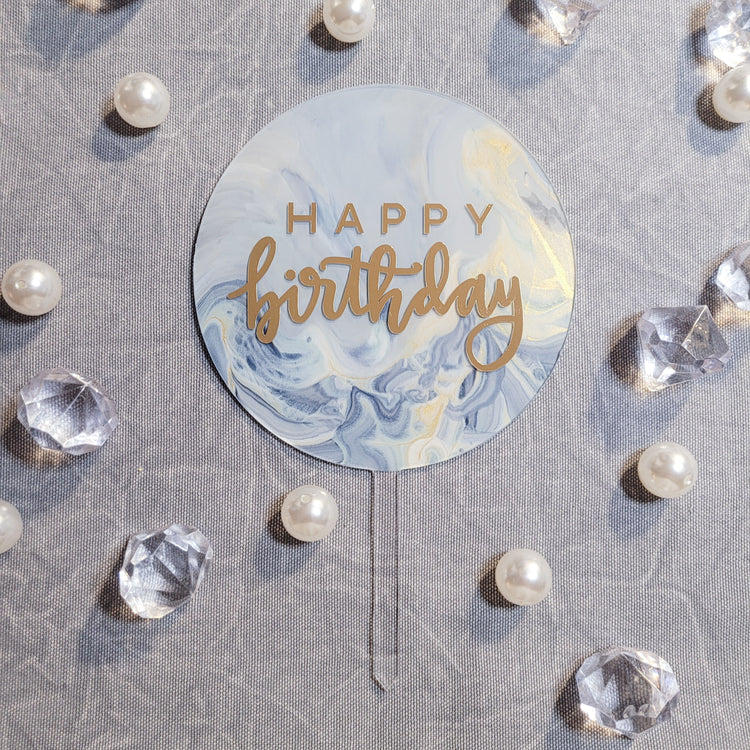 Cake Topper - Blue Marble Happy Birthday