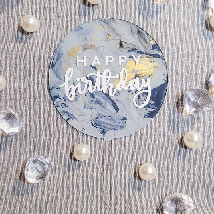 Cake Topper - Blue Marble Happy Birthday