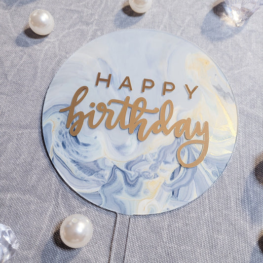 Cake Topper - Blue Marble Happy Birthday