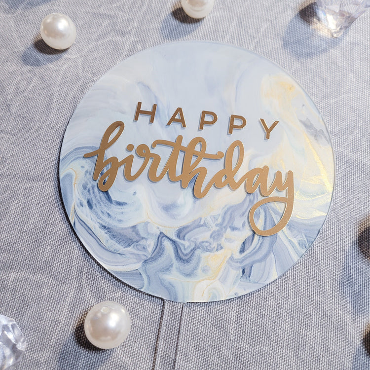 Cake Topper - Blue Marble Happy Birthday