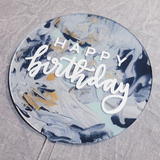 Cake Topper - Blue Marble Happy Birthday